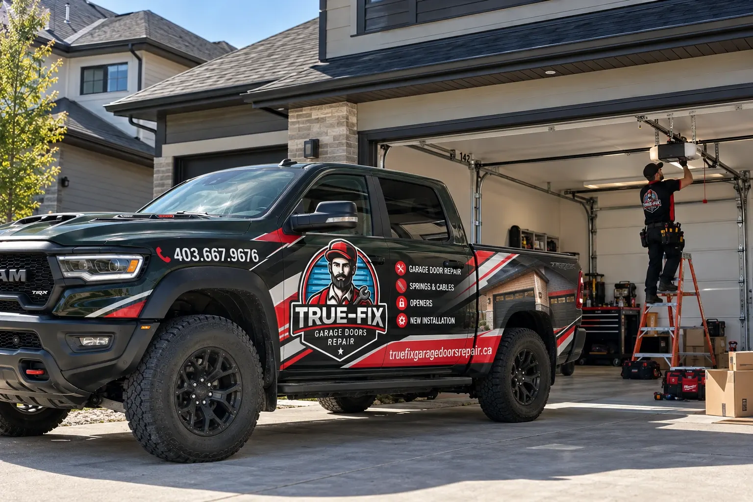 TrueFix Garage Doors branded service truck and technician repairing a garage door opener in Calgary