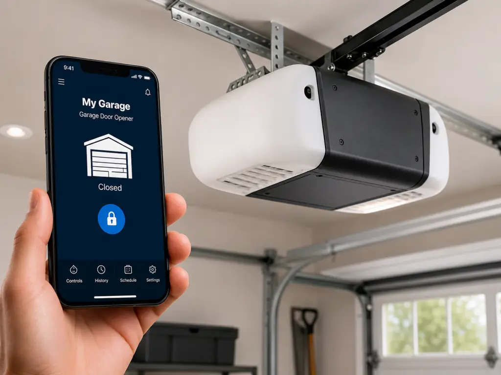 Brand new smart garage door opener unit installed on a residential garage