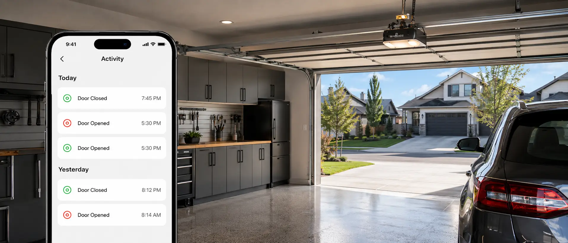 Smart garage door app activity log showing door open and close history on a smartphone